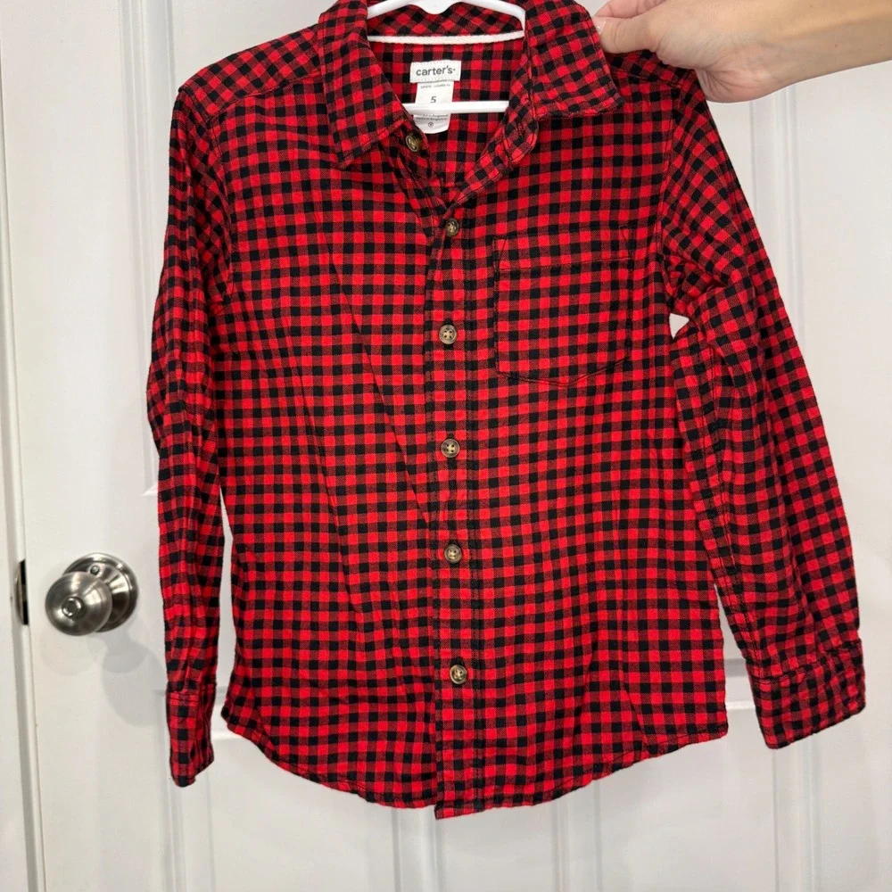 Carters Boys Red Black Buffalo Plaid‎ Button Down Flannel Shirt Size 5